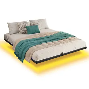 Black Metal Floating Platform Bed Frame with LED Lights, Bedroom Furniture