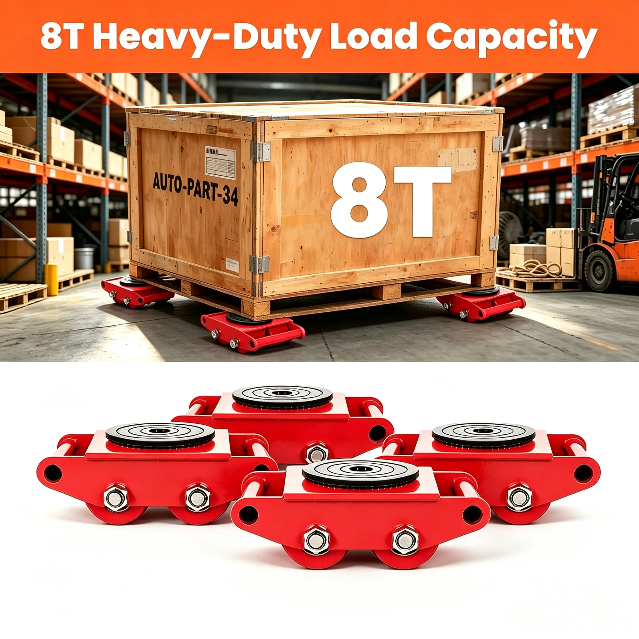 4pcs Low Profile Carbon Steel Machinery Skates - 8T High Load Capacity Moving Dollies Set with 360° Rotate Swivel Plate, PU Casters, Reinforced Bolts, 17,637 lbs Shipping Container Wheels for Logistics Centers, Moving Furniture