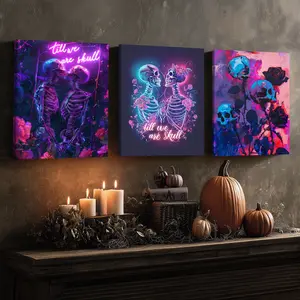 3 Counts Wooden Framed Canvas, Neon Skull Romantic Posters, Halloween Home Poster, Halloween Party Decorations, Living Room And Bedroom Hanging Paintings, Horror Theme, Interesting Posters, Exquisite Gifts, High-Definition Art, Unique Art