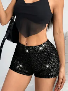 sequin shorts women, Womenswear, black, high waisted, sparkly party, bodycon, glitter, clubwear, sexy party, stretch, Elastic, slim fit, disco, club shorts
