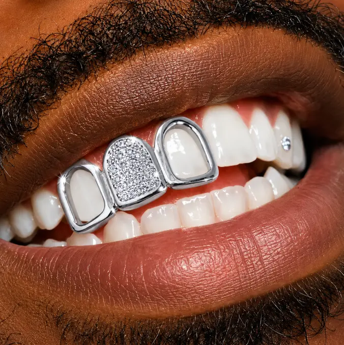 Hip Hop Silver Iced 3 Tooth Open Face Iced CZ Grillz Set
