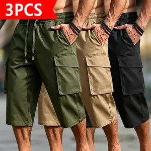 3-Pack Men’s Cargo Shorts with Elastic Drawstring Waist, Multi-Pocket Design, Comfortable & Wrinkle-Resistant Fabric, Ideal for Casual Outings, Work, and Everyday Summer Wear in 4 Classic Colors.