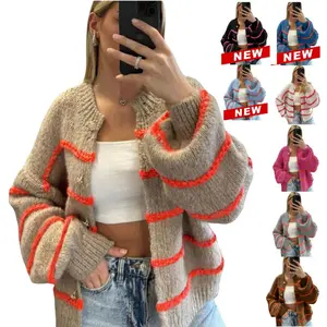 Naeduo Women's FallFreshness Striped Cardigan Sweater Casual Front Cardigan With Long Sleeves Buckle Knit Coat
