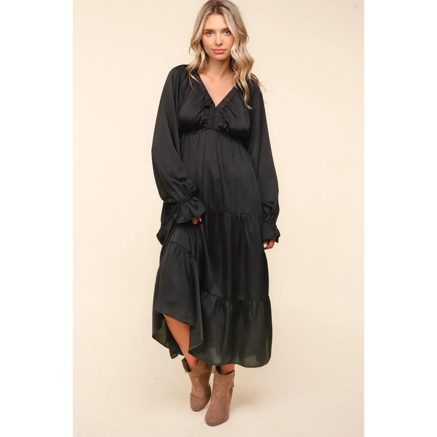 Haptics Flounce Sleeve Tiered Midi Dress with Pockets