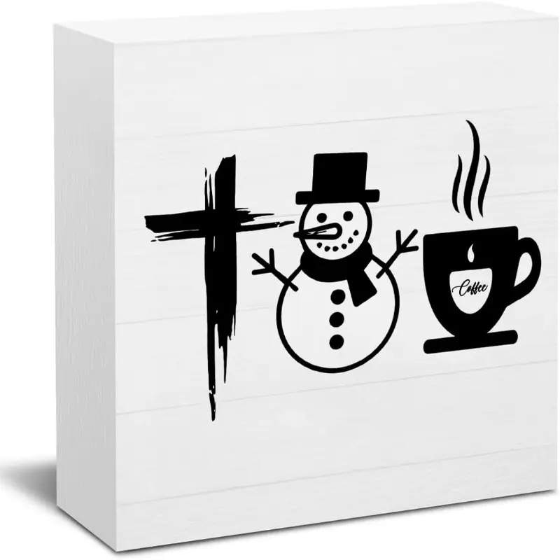 Christmas Coffee Sign Decorations for Home Office Kitchen Desk Christmas Decor for Table Cross Snowman Coffee Bar Desk Decor 5 X 5 Inch