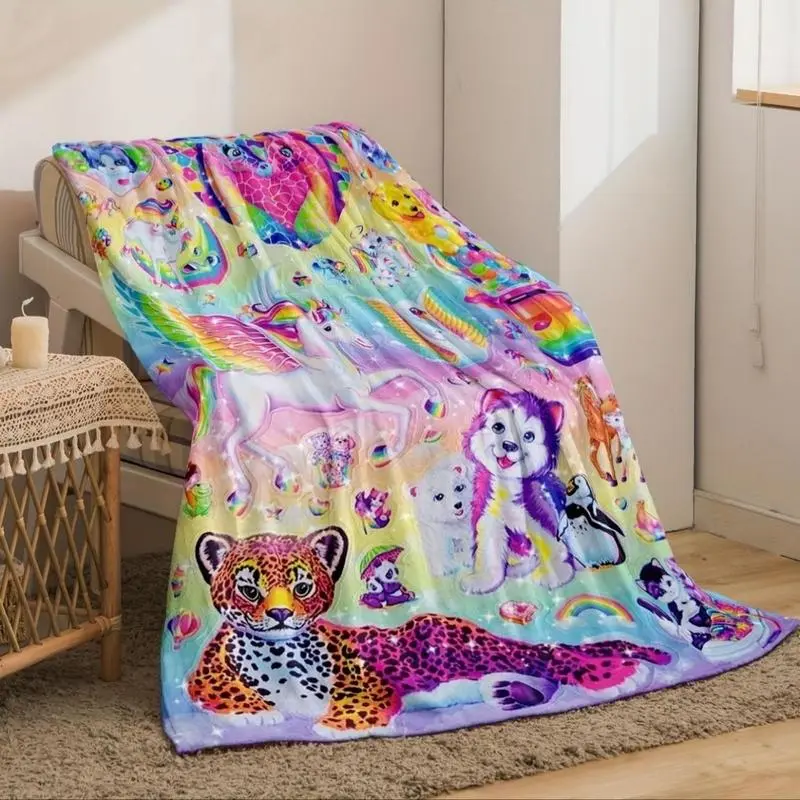 Lisa Frank 90s Rainbow Animal Collage  Blanket, Retro Y2K Pegasus & Leopard Throw, Soft Cozy Fleece Blanket, Colorful Neon Nostalgic Design, Warm Throw for Couch Bed, Gift for Lisa Frank Fans