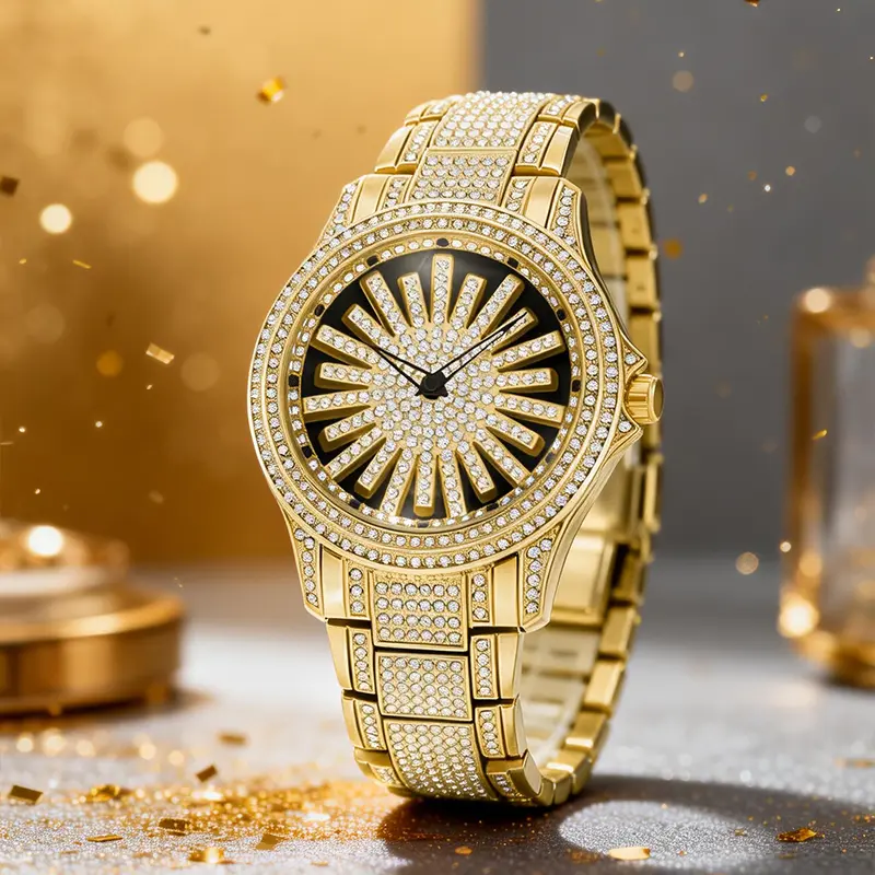 Men's Diamond - Encrusted Gold Watch, Business Quartz Chronograph with RotatingDiamond Dial, Sparkling Effect, WaterResistant, Party Daily Wear Birthday Gift (With Box)