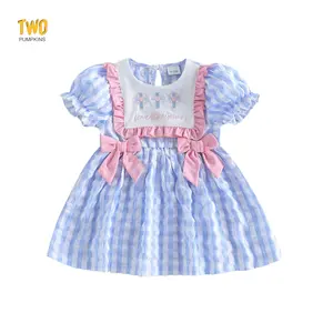Toddler Baby Girl Easter Church Dresses Cross Embroidery Seersucker Striped Short Sleeve Dress Infant Spring Outfits