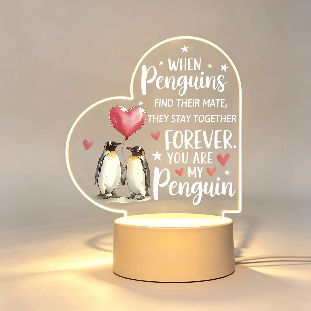 Heart Shaped Penguin Acrylic LED Table Lamp, Romantic Couple Decor Light, You Are My Penguin Sentimental Gifts for Him Her, USB Powered Bedroom Desktop Decor Lighting