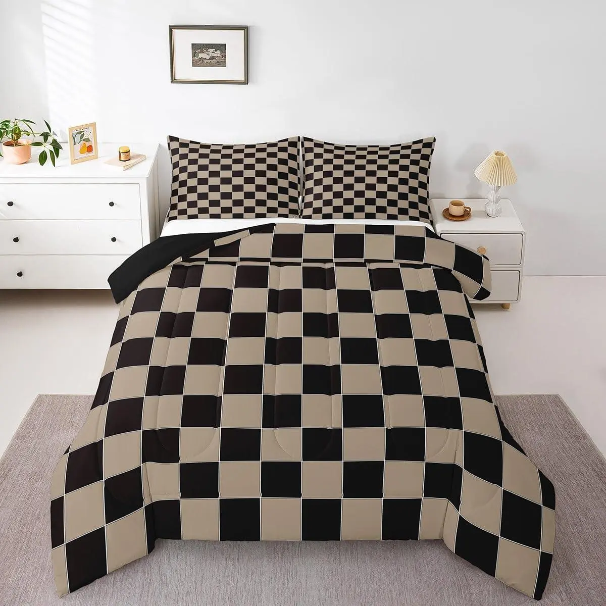Geometric Plaid Comforter Set Beige Black Brown Checkerboard Quilt Set Checkered Grid Bedding Set Men,Modern Aesthetic Duvet Set Room Decor