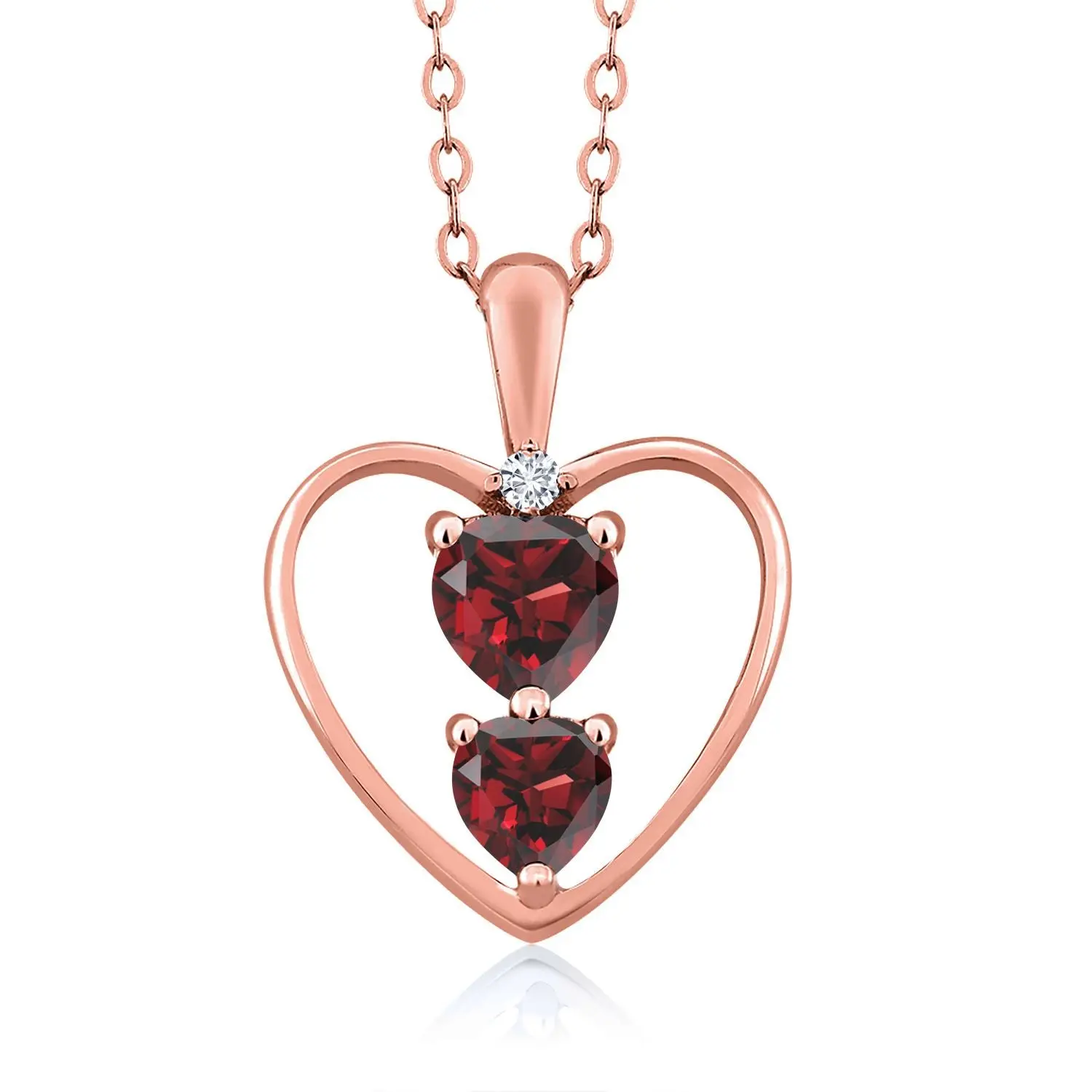 18K Rose Gold Plated Silver Red Garnet and White Lab Grown Diamond Pendant Necklace For Women (0.94 Cttw, Gemstone January Birthstone, Heart 5MM and 4MM, with 18 Inch Silver Chain)