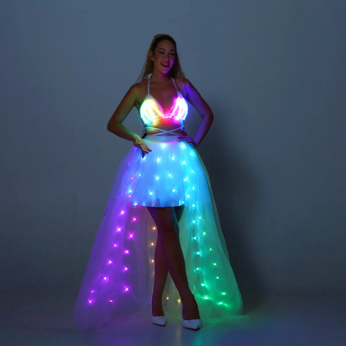 Women Smart Light Up Tulle Tutu Skirts Adult A Line Rave Outfit Skirt LED Light Up Costumes Halloween Party Womenswear Birthday Elastic Festival Whtie