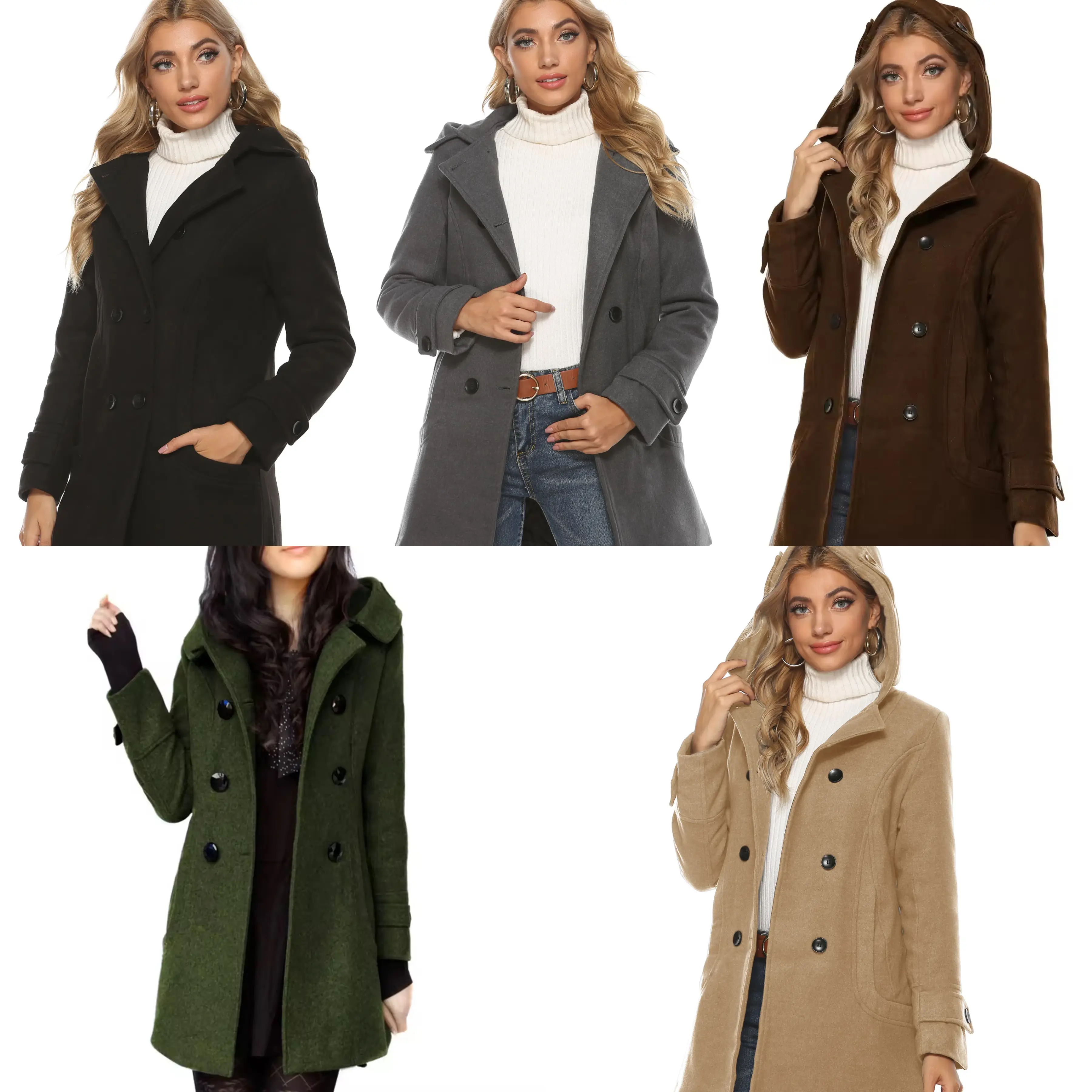Women's Warm Double Breasted Wool Pea Coat Trench Coat Jacket with Hood
