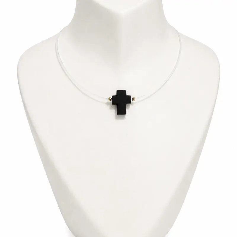 Short Nylon Thread Choker Necklace with Jet Cross, Durable Fashion Accessory for Daily Wear