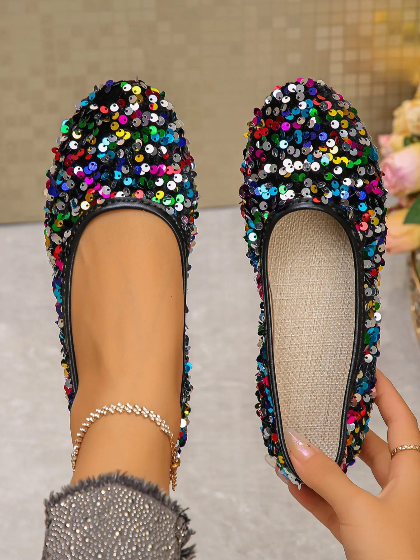 Women's Elegant Ballet Mary Jane Shoes, Rhinestone Decor, Slip-On Flat Casual Shoes, Fashionable Flats, All Season Comfortable Soft Sole, Ballerina Flats