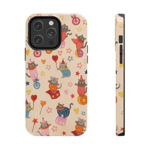 Cute Circus Cat Aesthetic iPhone Case - Colorful Kitten Design Rubber Cover with Playful Floral Pattern, Durable Soft Glossy Shockproof Protective Accessory for Cat Lovers