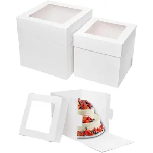 16 count Cake Boxes 2 Sizes 12x12x12 10x10x10 Inches Tall Cake Boxes with Window for Tier Baking Disposable Bakery Containers with  White Large Cardboard Take Out Carrier for Wedding, Party