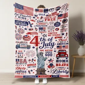 4th of July Patriotic Collage Flannel Blanket,’God Bless America' & ’Let Freedom Ring' Independence Day Print Blanket,Cozy Stars & Stripes Blanket for Summer Nights & Holiday Parties,Summervibes
