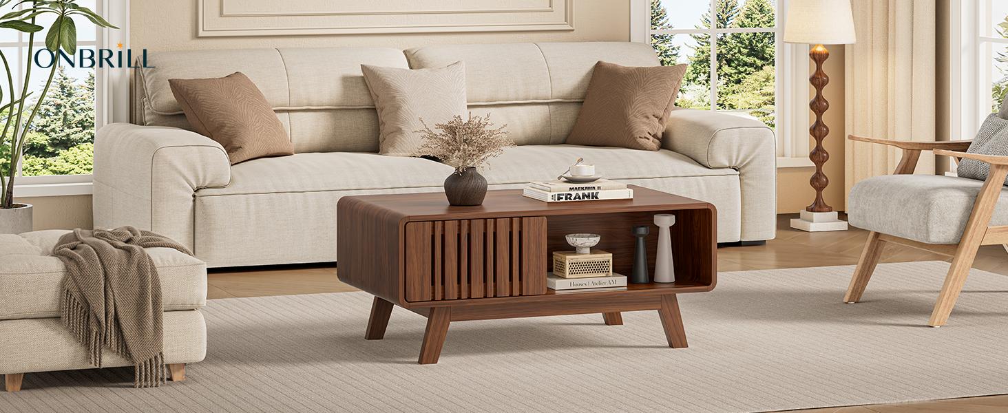 【SPOTLIGHT DAY】ONBRILL Coffee Table, Mid Century Modern Table with Storage Compartment, Fluted Table with Sliding Cabinet Door, Farmhouse Wood Coffee Table for Living Room