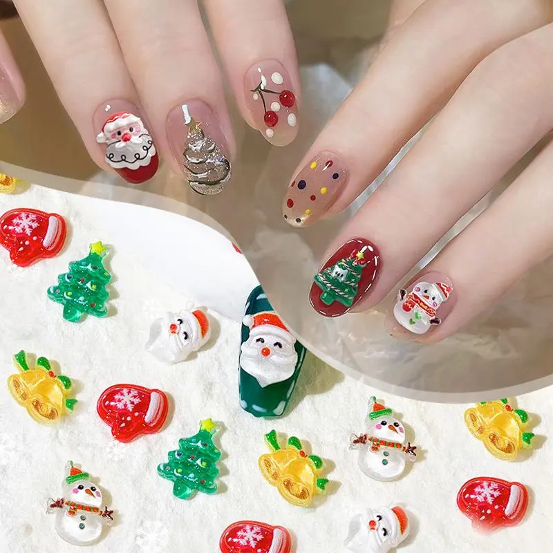 20 PCS Cute 3D Cartoon Christmas Nail Decoration Mixed Resin Xmas Tree Santa Clause Reindeer Gloves DIY Parts Nail Decoration
