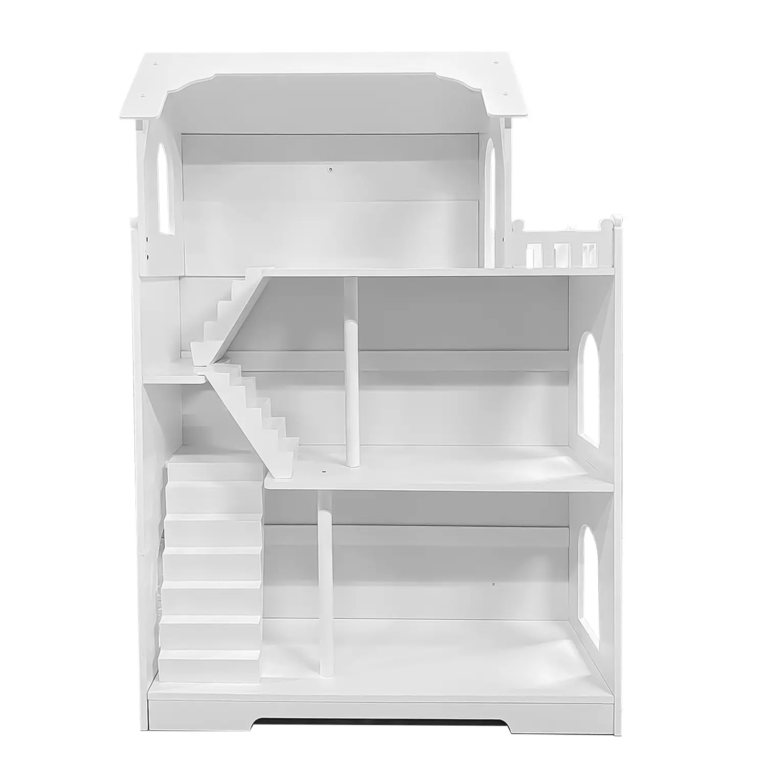 Kids Dollhouse Bookshelf Frame Only, 3-Story Wooden Childrens Bookcase for Playroom, Modern White Castle Toy Display Cabinet with Toy Staircase for Girls Boys, CPC Certified