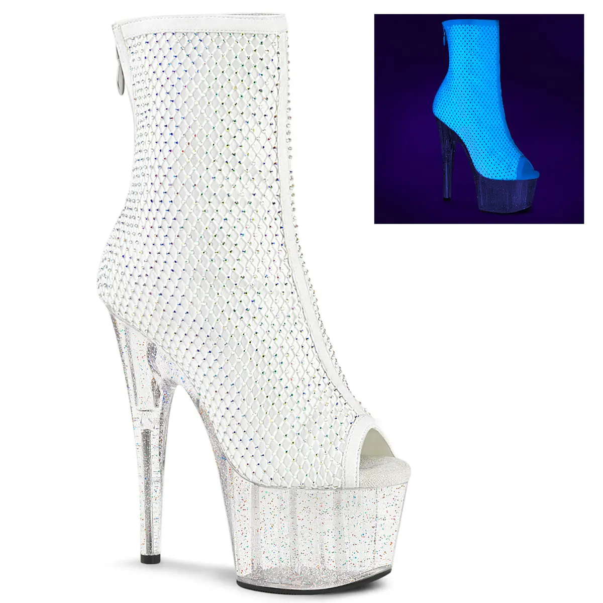 White Rhinestone Ankle Boot Shoe, Adore-1031GM Peep Toe Mesh Fabric Platform Footwear with 7 in Heel and Back Zip, High Heels, Stylish, Fashion, Heeled, Women, Platform Sole, 2 3/4 Inch Platform
