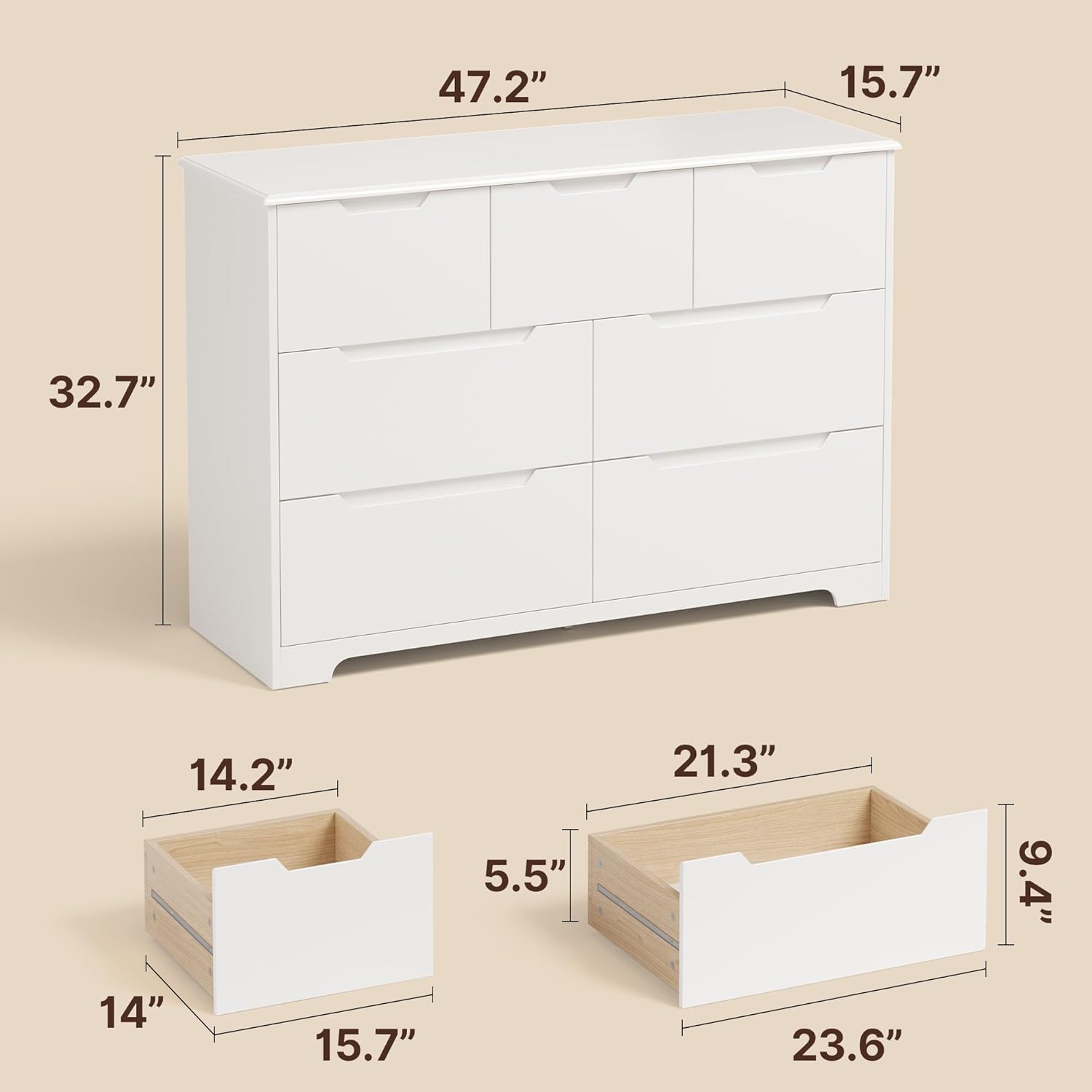 Gizoon 7 Drawer Dresser 48" Wide Wood Chest of Drawers for Bedroom White Modern Storage Organizer Handle Free Design Living Room Kids Room Bedroom Entryway Hallway Girl Apartment Furniture Space-Saving
