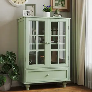 Minimalism Buffet Cabinet with Double Glass Doors and Drawer, Modern Wooden Storage Sideboard Cupboard for Living room, Dining Room Hallway Entryway (Mint Green)