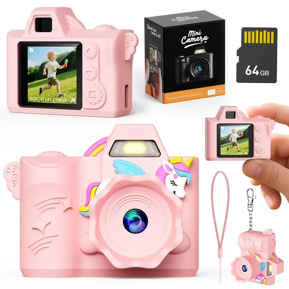 Pink Unicorn & Green Dinosaur Kids Camera - 1080p, 1.3" HD Screen, 64GB SD Card, Portable Keychain Small Digital Camera for Kids