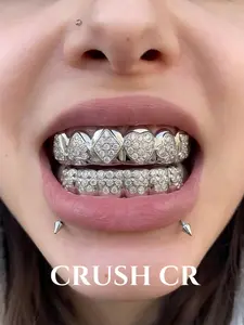 CRUSH CR Hip Hop Iced-Out Heart Grillz, Gold/Silver Plated Full Set Teeth Caps, Bold Romantic Statement Dental Jewelry for Rappers, Studio Sessions, Concerts & Urban Streetwear