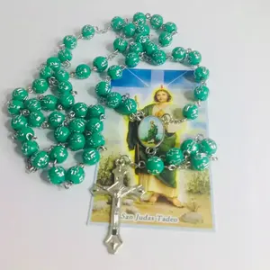 Beautiful St. Judas Green rosary with pray card in Spanish Catholic  Rosary Necklace San Judas Rosario Oración Prayer