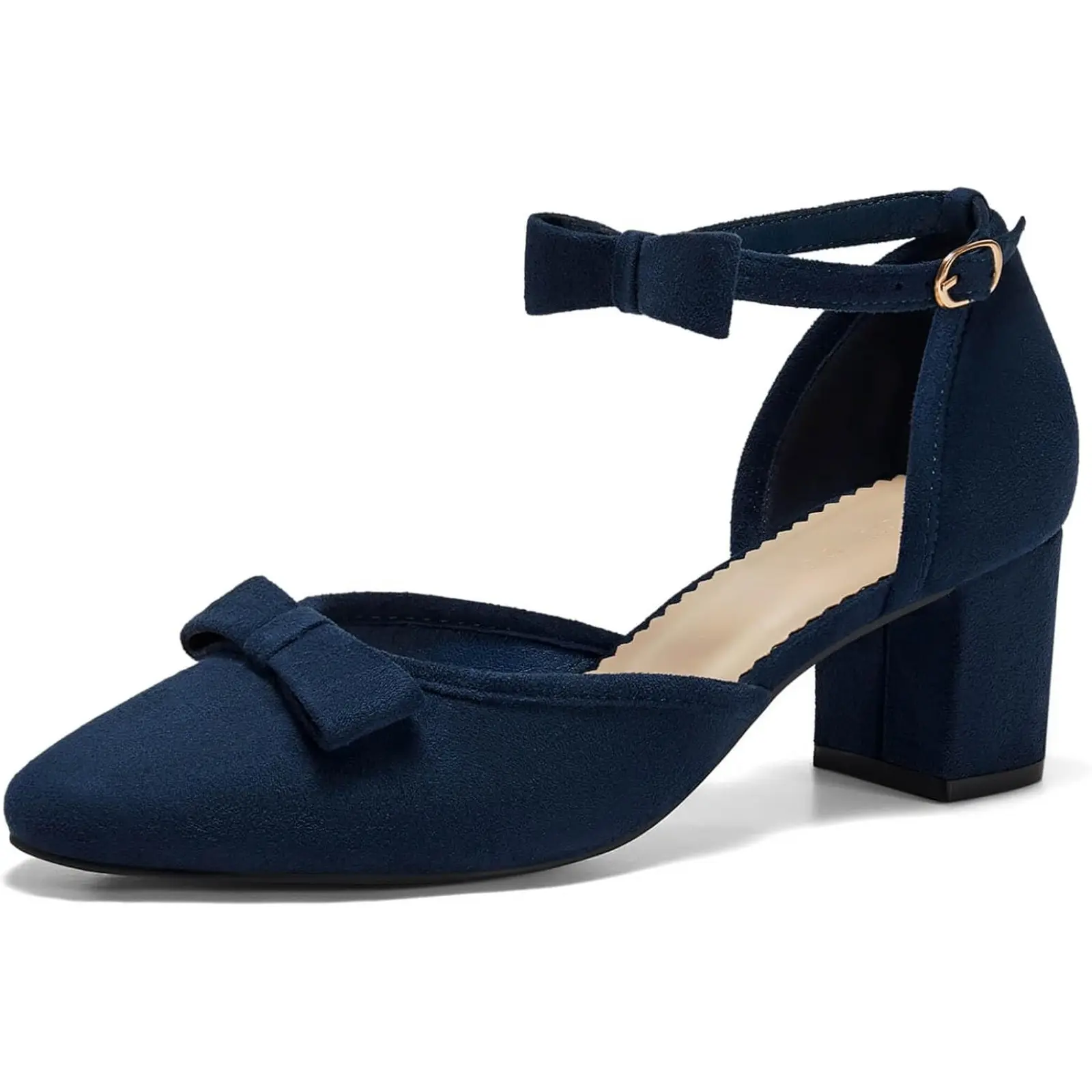 Coutgo Women's Faux Suede Dress Pumps, Pointed Toe Chunky Low Heels with Ankle Strap and Bow Decor, Elegant Lightweight Footwear for Wedding Party, Feminine Pumps, Chic Style Pumps