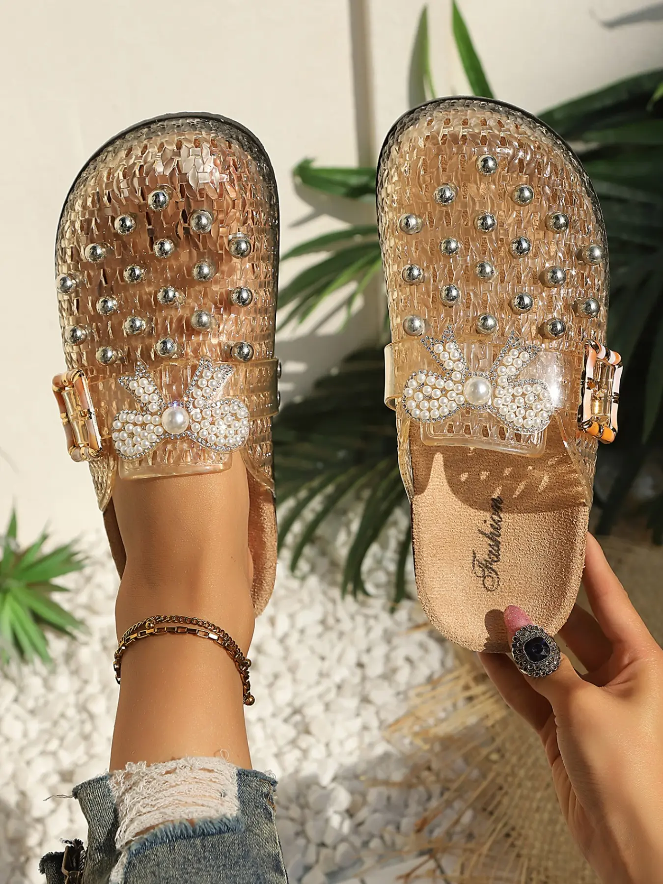 Women's Pearl Rhinestone Stud Jelly Mule Shoes, Transparent Slip-On Sandals with Bow and Buckle Decor, Summer Fashion Footwear, Rhinestone Bow Mules
