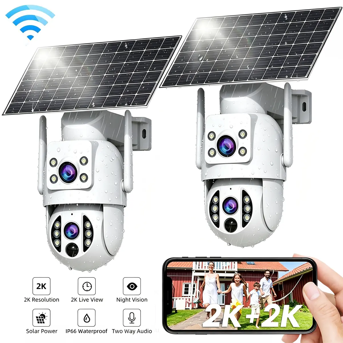 【2026 Exclusive Deal】JOOAN 2K+2K FHD Solar 360° Dual Lens Wireless Outdoor Security Camera, 2.4G WiFi, 360° PTZ Dual Screen(No Dead Ends), Spotlight, IP66 Waterproof, Color Night Vision, PIR Human Detection, Two-Way Talk, Auto Tracking, Siren Alarm, Alexa
