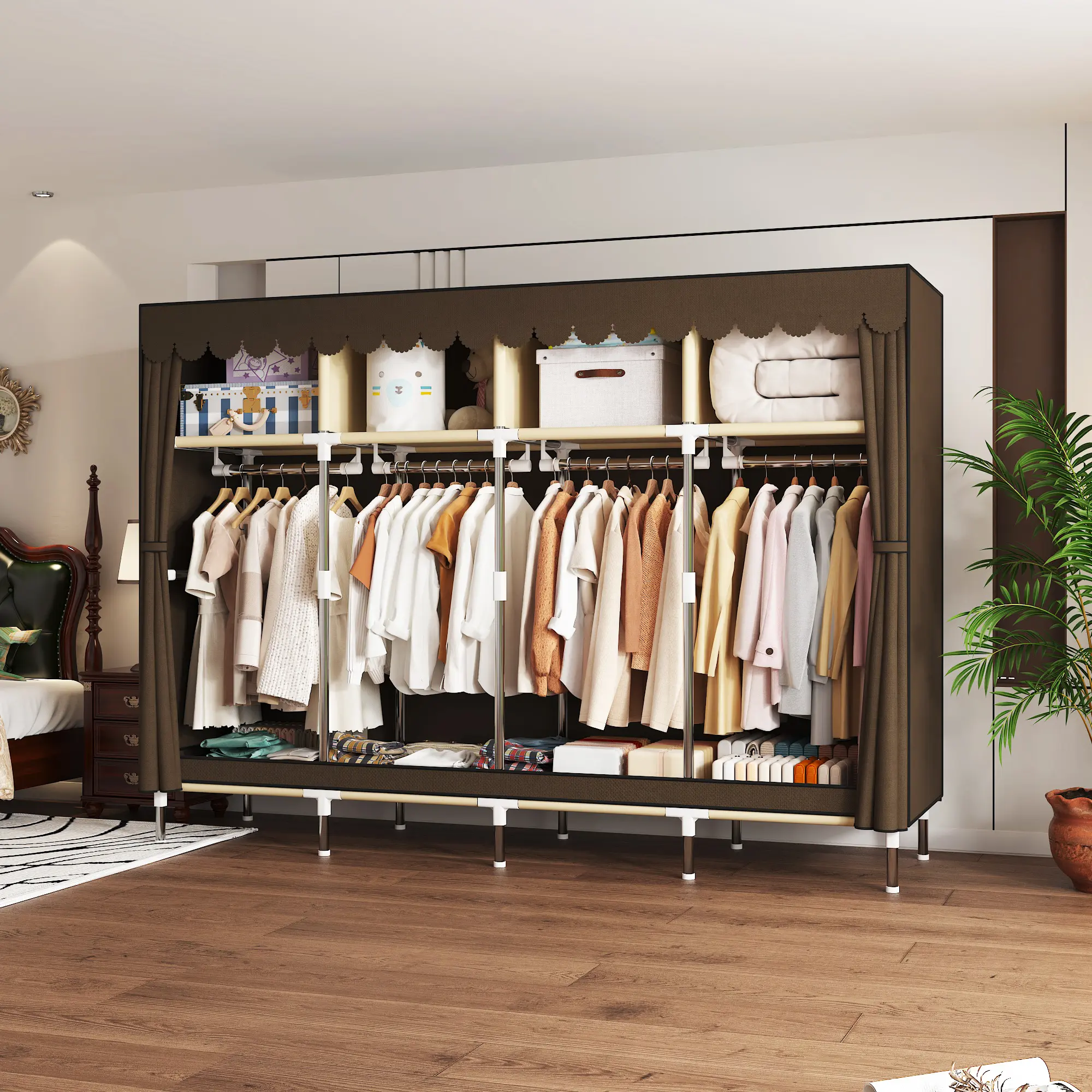 Portable Non-Woven Fabric Wardrobe Closet with 4 Storage Shelves, 4 Hanging Sections, 16mm Metal Tube, 78.7x17.7x66.9in Dimensions - Organizing Solution for Apartment Furniture, Bedroom, Living Room