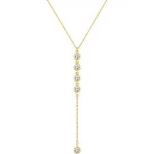 Lariat Gold Necklace for Women 14K Gold Plated, Y-Shaped CZ Beaded Drop Necklace, Dainty Long Layered Chain Minimalist Jewelry Gift for Her