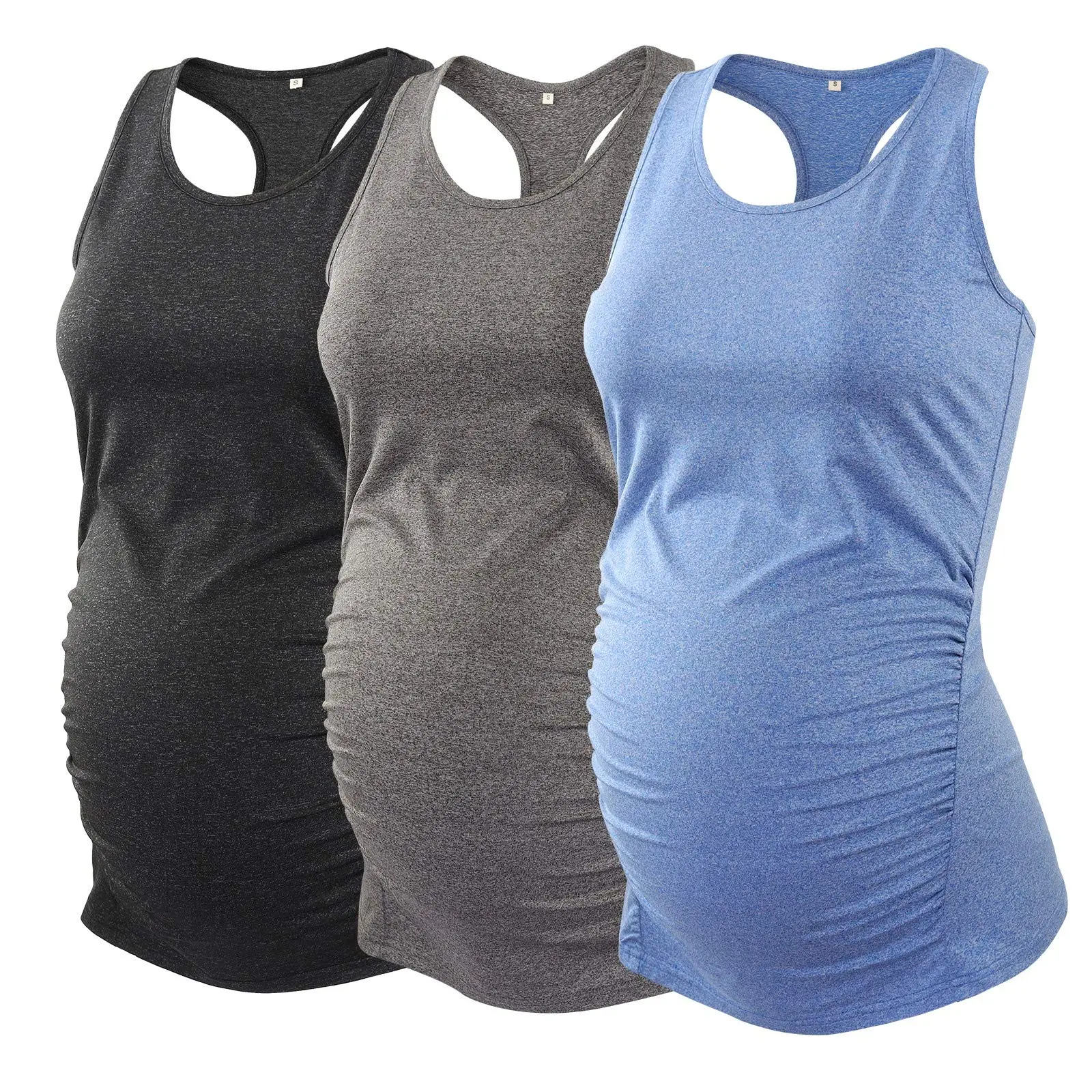 ECAVUS 3 Pack Women's Maternity Tank Tops, Seamless Racerback Shirts for Workout & Yoga with Stretchy Side Ruching, Maternity Outfits