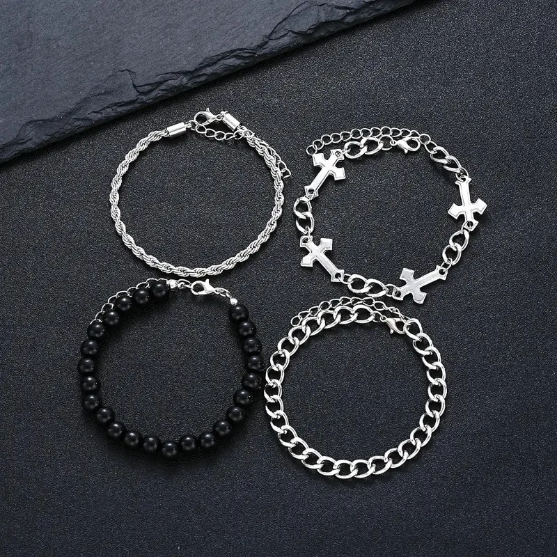 Unisex 4-Piece Stainless Steel Jewelry Set - Punk Cross Beads Bracelet, Bracelet Chain, Multilayered Stainless Steel Bangle, Sporty Wristband, Men's Everyday Accessory Charm for Bag Accessories, Multilayered Bangles