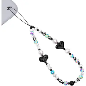 Beaded Phone Lanyard, Cell Phone Charm Wrist Strap Heart Clay Beads Keychain for Men Women Cell Phone String Strap