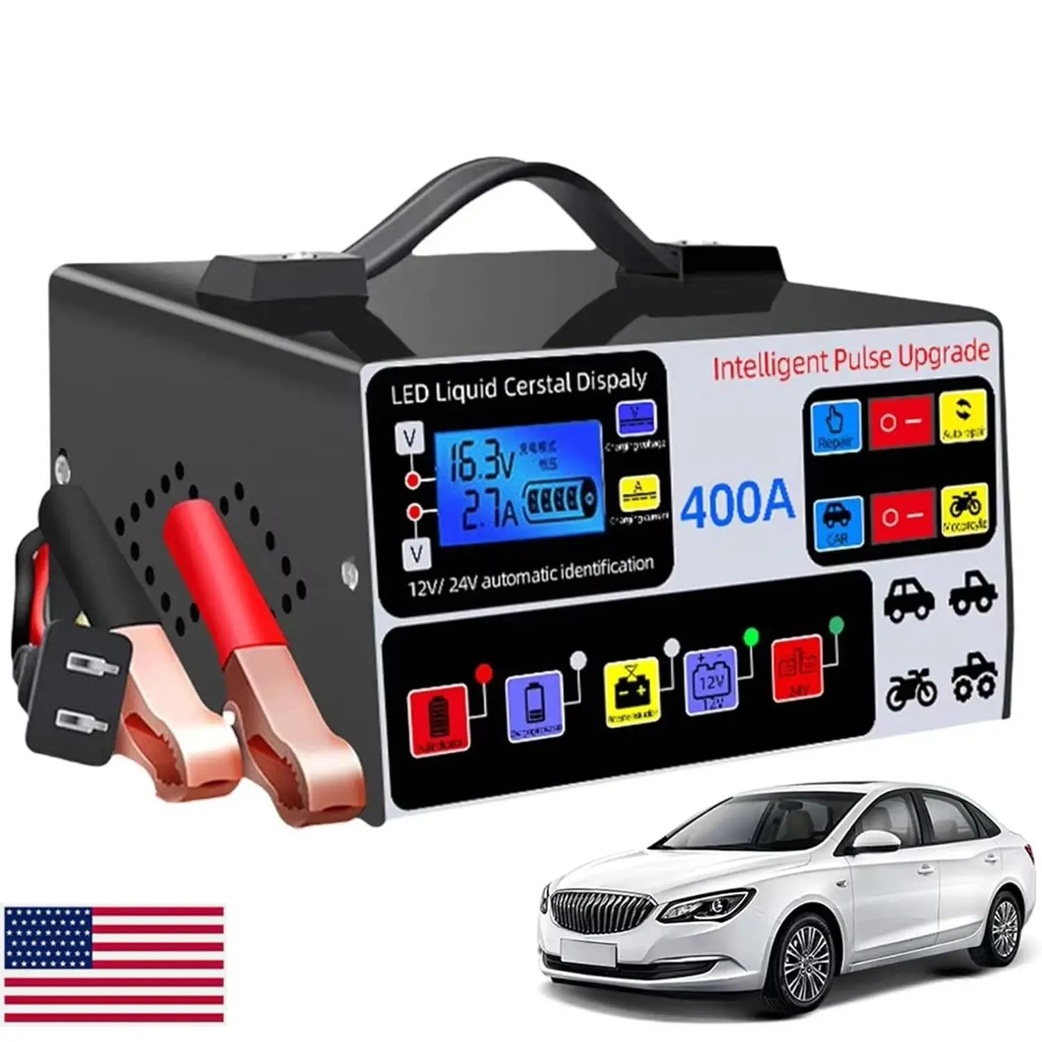 Smart Automotive Battery Charger 220W, 12V 24V Automatic Pulse Repair for Home and Garage Use, with Pure Copper Transformer & Digital LCD Display