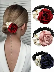 3pcs Faux Pearl Flower Hair Scrunchies Set, Elegant Elastic Design for Women Girls, Perfect for Weddings Daily Parties, Thick Hair Accessories