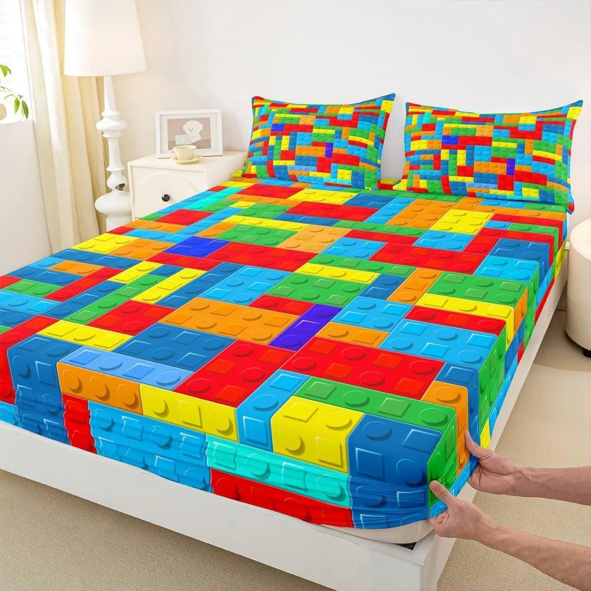 Feelyou Full/Twin Size Watercolor Building Blocks Fitted Sheet - Colorful Bricks Geometric Patchwork Bedding Cover, Adult Room Decor Fashion Chic Bedding Linen