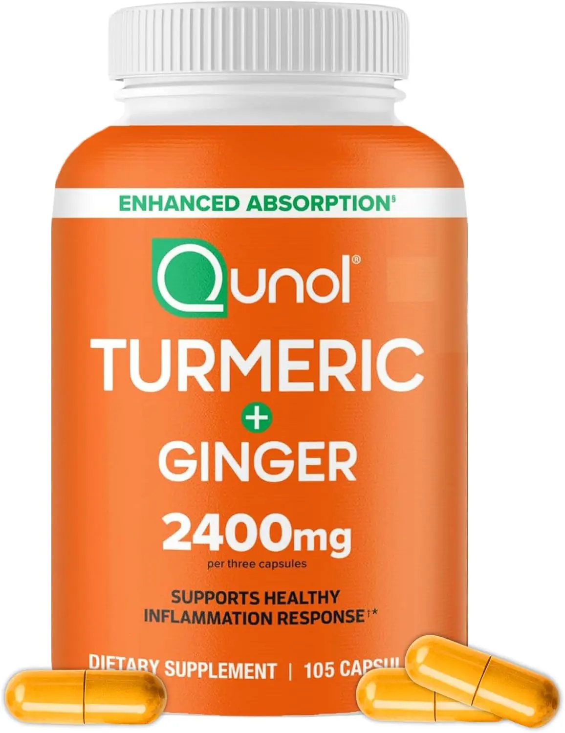 Qunol Natural Turmeric Curcumin Herbs Multi-Supplement with Black Pepper & Ginger - Gluten-Free Vegetarian Capsules for Adults, 2400mg Turmeric Extract (95% Curcuminoids), Extra Strength Enhanced Absorption Bone & Joint Support, 105 Count Bottle