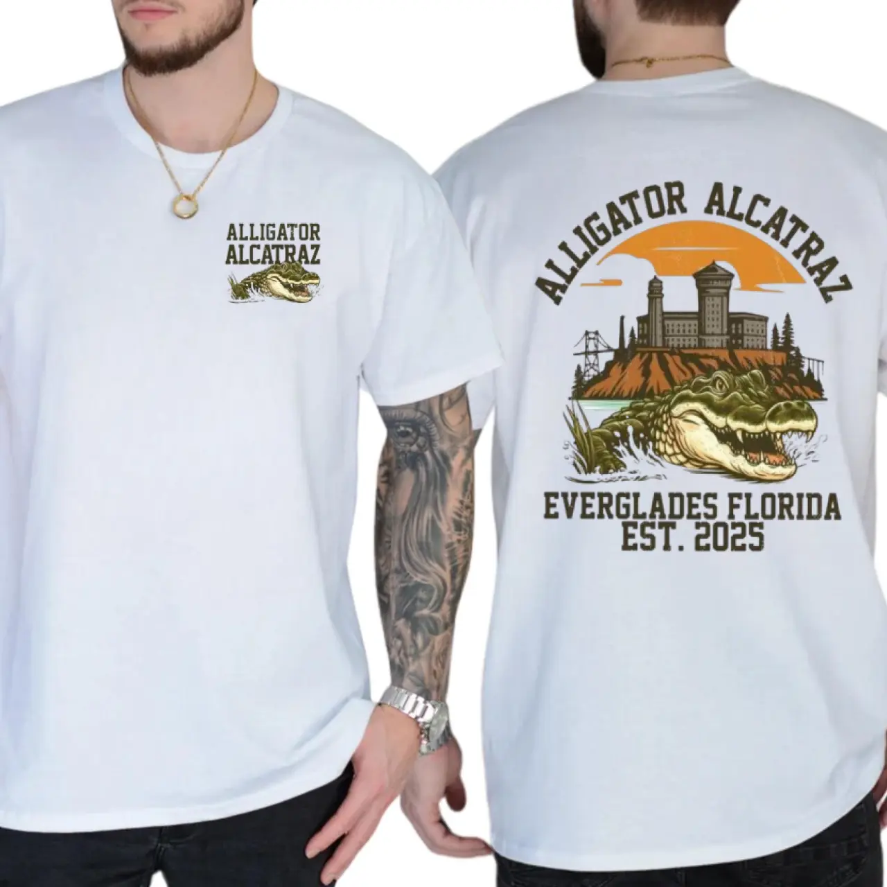 Unbranded Alligator Alcatraz 2-Sided Menswear T-Shirt - Funny Florida Swamp Parody, Gator Graphic, Unisex Round Neck, Casual Day Vibe Top