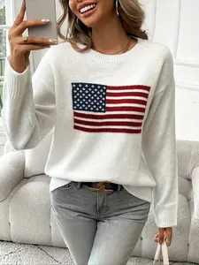 Women's Flag Print Round Neck Sweater, Crewneck Graphic Printed Casual Longsleeves Crew Neck Jumper for Daily Outdoor Wear, Women Knitwear for Spring Fall, Crewneck Womenswear