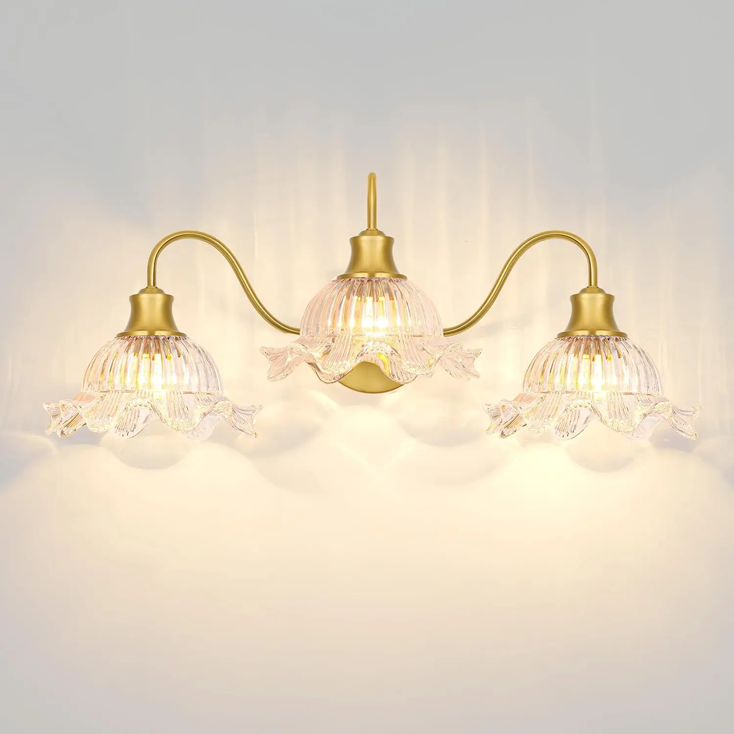 Brushed Gold 3-Light Vintage Bathroom Vanity Light Fixture, 24'' Farmhouse Wall Sconce with Flower Glass Shades, E26 Bulb Compatible, Easy-Mount for Makeup Area Over Mirror