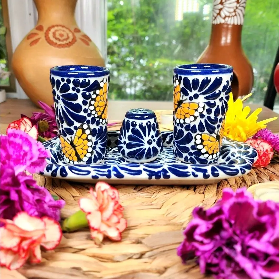 Original Talavera Set Mezcalero Tequilero Shot 4 Pieces Cups Plate Salt Shaker Mexican Kitchen Home Decor Mixology Birthday Gift for Her Him Drinkware Black/Black