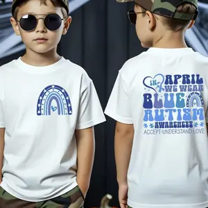 In April We Wear Blue Autism Awareness Youth Shirt, Autism Support Tee For Kids, Accept Understand Love Shirt For Boy And Girl, Full Colors, Full Sizes