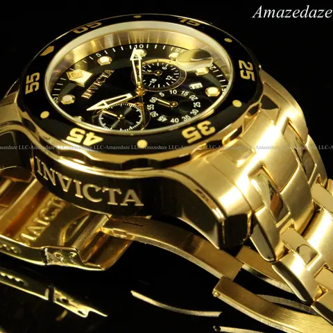 NEW Invicta Men's Pro Diver Nautical Quartz Chronograph Stainless Steel Watch - 18K Gold-Plated, 100M - 200M/20atm Water Seal, Black Dial, Arabic Numerals, Bold Look, Unique Gift, Men's Fashion Chronograph Wristwatch Accessory