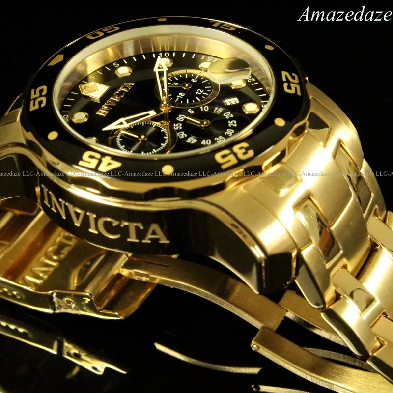 NEW Invicta Men's Pro Diver Nautical Quartz Chronograph Stainless Steel Watch - 18K Gold-Plated, 100M - 200M/20atm Water Seal, Black Dial, Arabic Numerals, Bold Look, Unique Gift, Men's Fashion Chronograph Wristwatch Accessory
